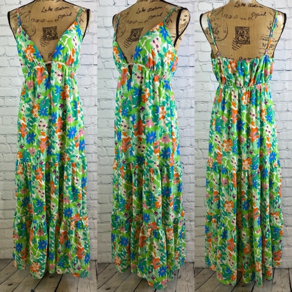 She + Sky Green Floral Plunge Front Multi Tier Maxi